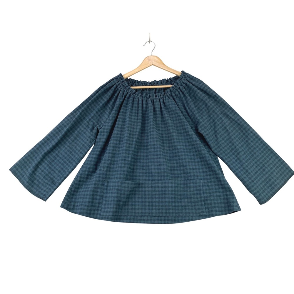 Handmade Plaid Peasant‎ Blouse Women M Blue Gingham Pockets Prairie Cottage